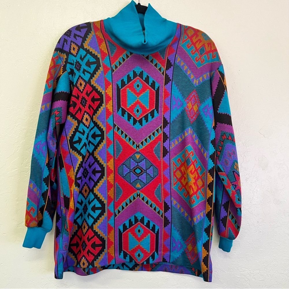 Vintage 80s Graff Southwestern‎ Shoulder Pads Mock Neck Sweater Sz M EVC